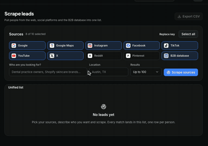Filter by title, seniority, industry and location, then tick who you want.